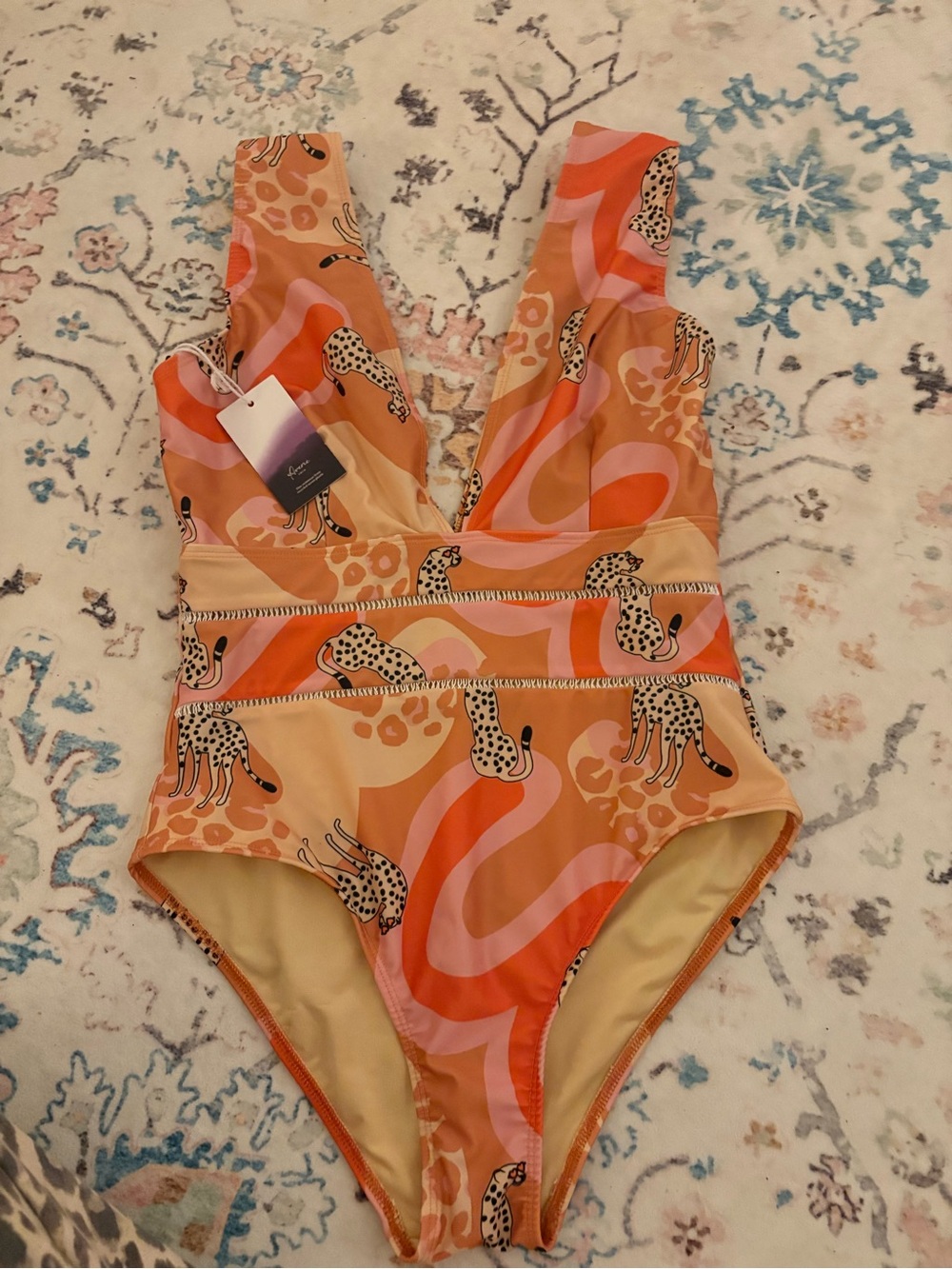 NWT Averie Women’s One-Piece Swimsuit in Orange & Pink Leopard Print. Size Med